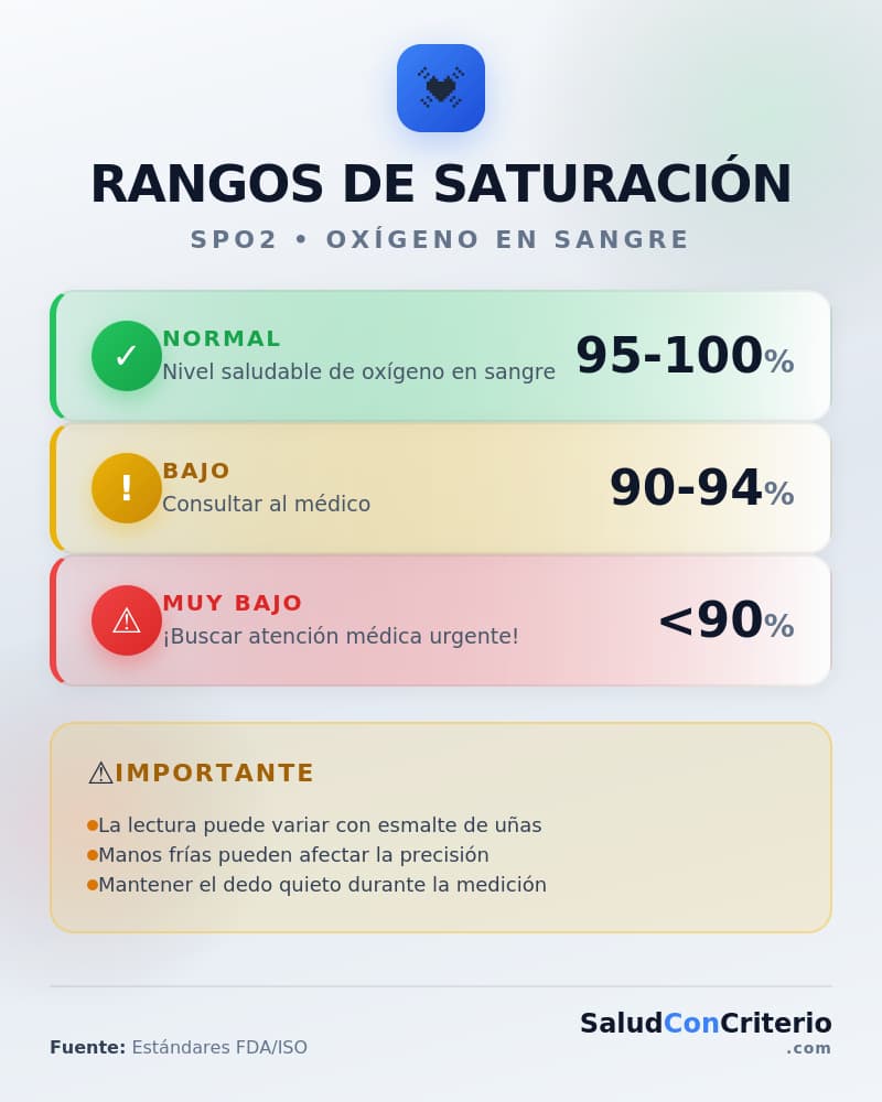 Infografía con rangos de saturación de oxígeno: normal 95-100%, bajo 90-94%, muy bajo menor a 90%