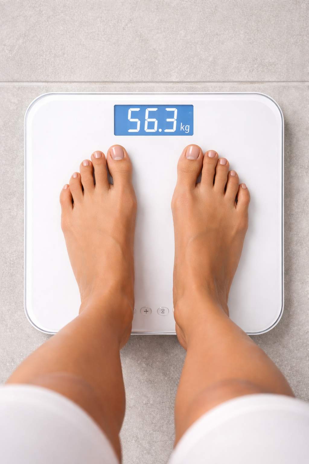 Báscula digital inteligente con plataforma de vidrio y pantalla LED mostrando peso y métricas