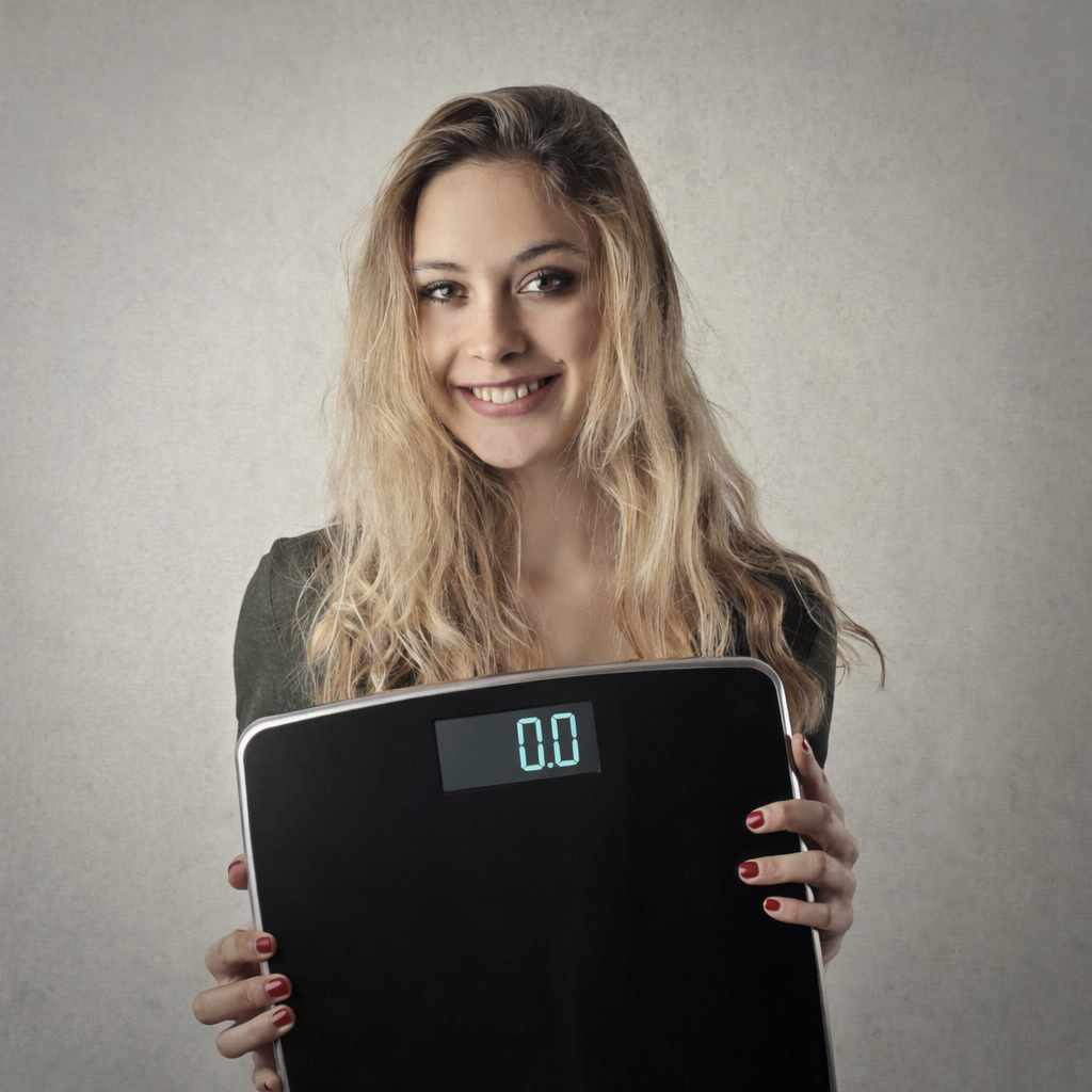 Mujer pesándose en báscula digital moderna en casa como parte de su rutina de bienestar