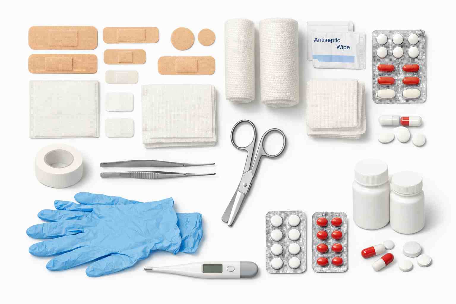 Contenido esencial de botiquín: vendas, gasas, tijeras, pinzas, antiséptico, guantes, termómetro, analgésicos