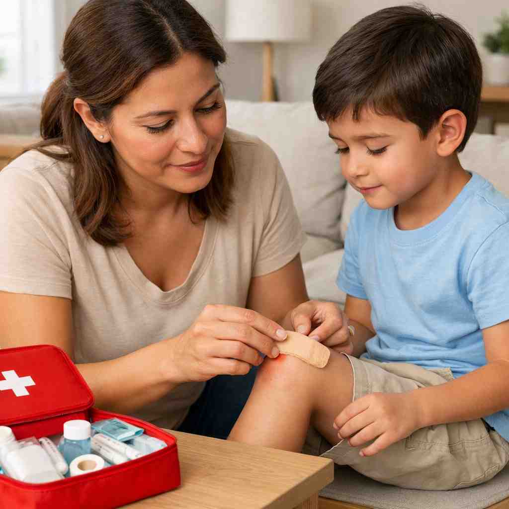 Madre aplicando vendaje a raspadura de rodilla de su hijo con botiquín abierto al lado