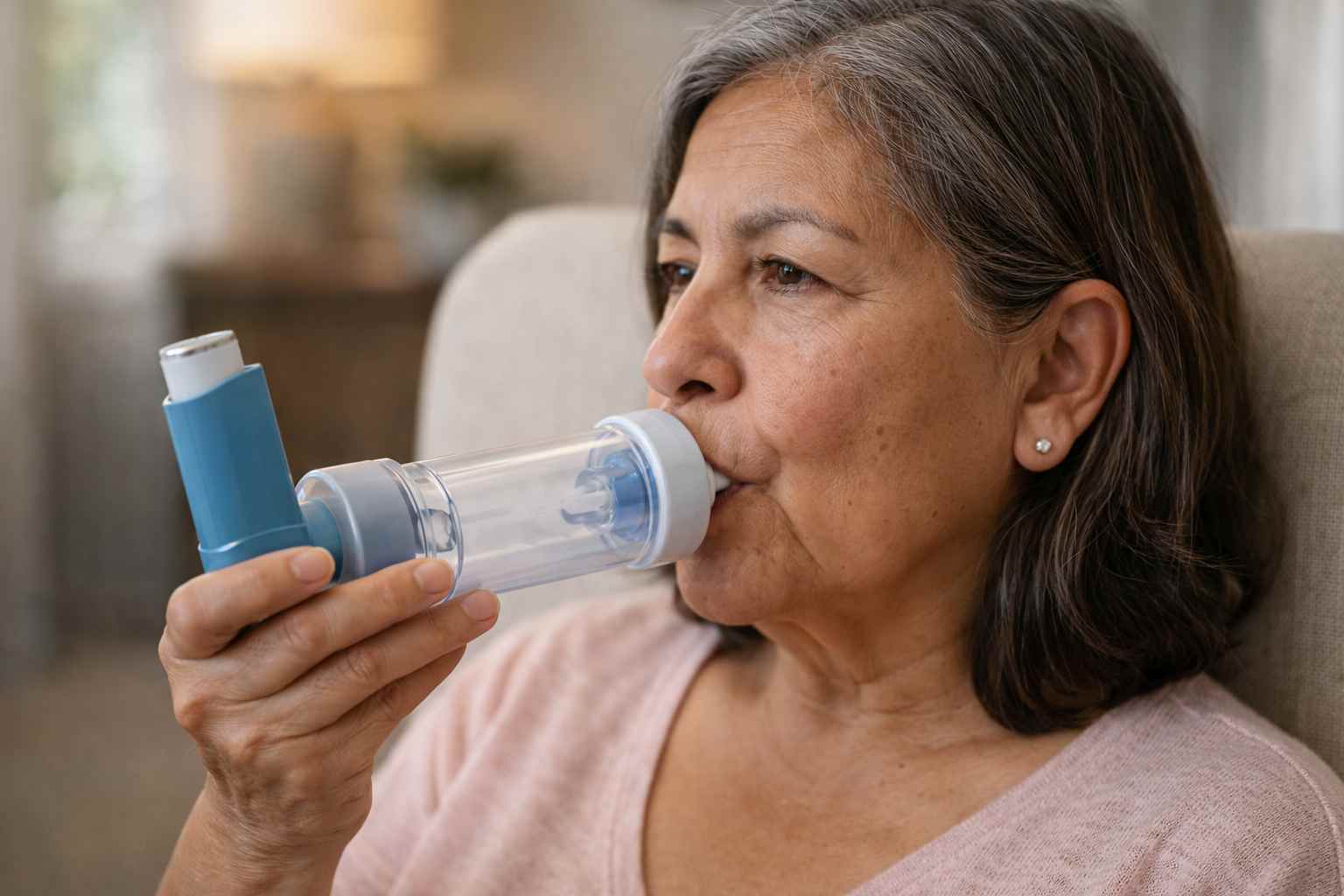 Adulta mayor usando un espaciador con boquilla conectado a un inhalador de dosis medida