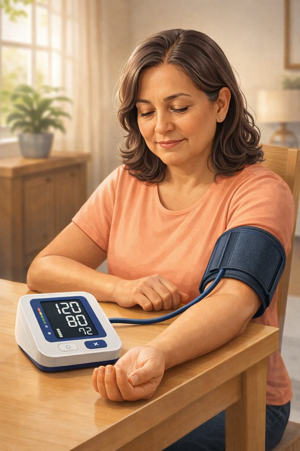 Mujer colocándose correctamente el brazalete del tensiómetro en el brazo a la altura del corazón