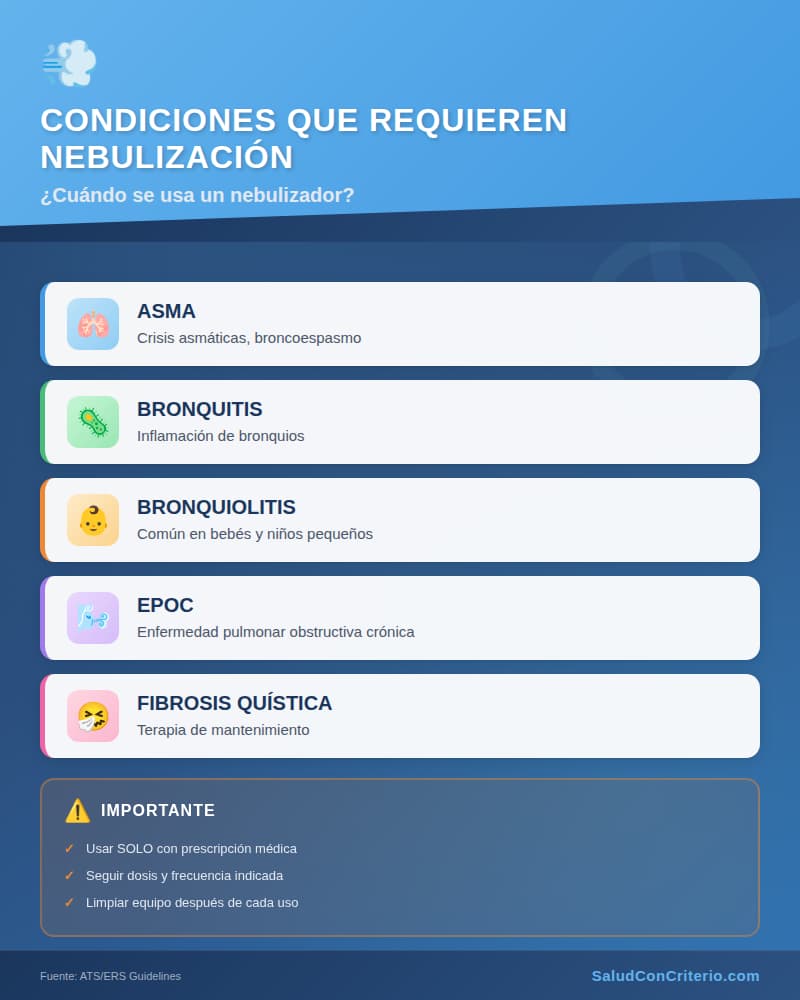 Infografía de condiciones que requieren nebulizador: asma, bronquitis, bronquiolitis, EPOC, fibrosis quística