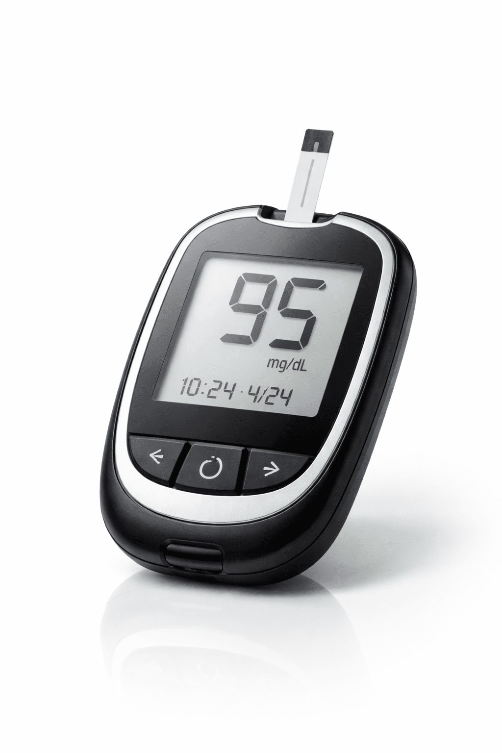 Glucómetro digital moderno con tira reactiva insertada mostrando resultado 95 mg/dL