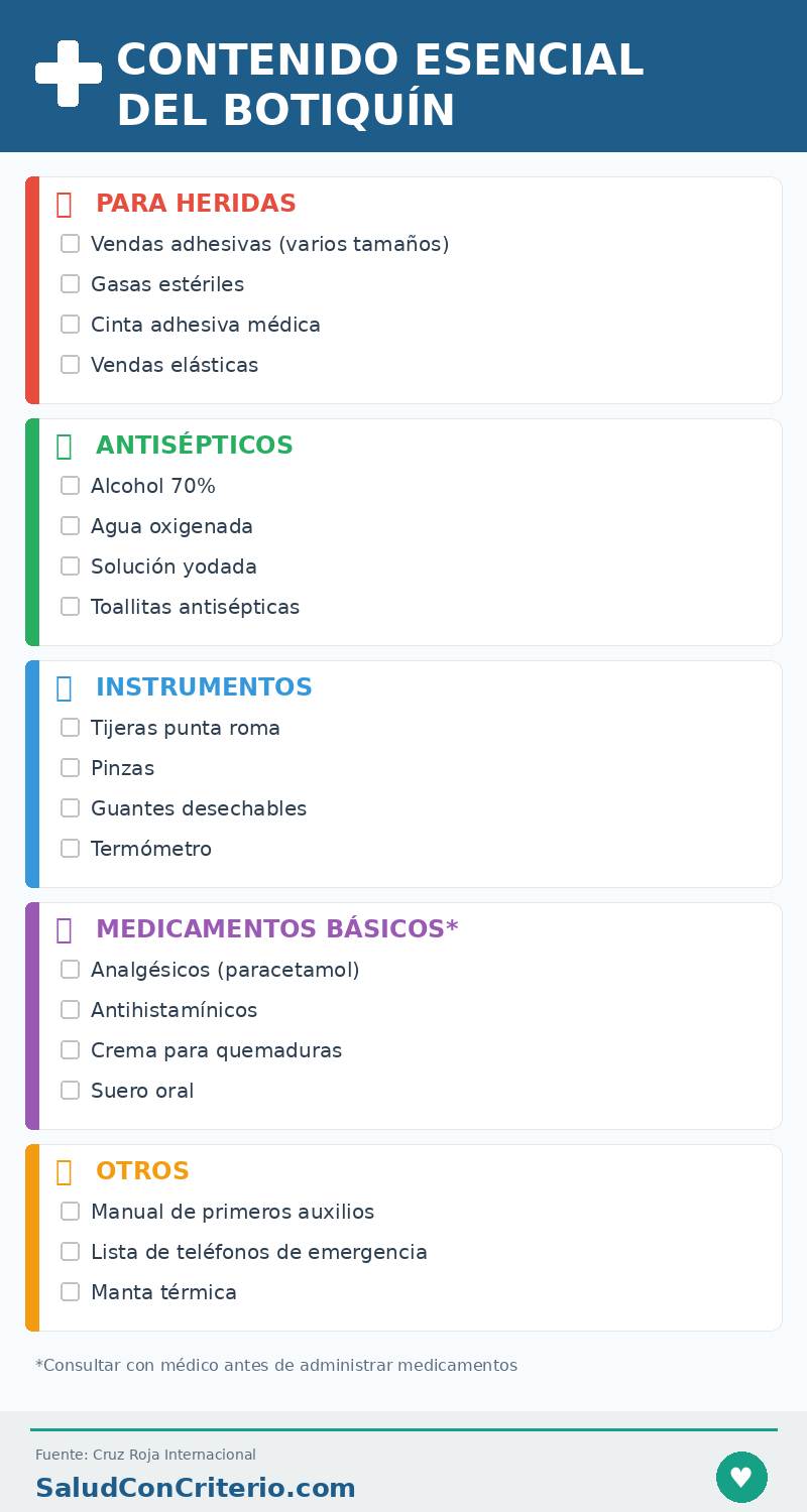 Infografía checklist de botiquín: vendas, gasas, antisépticos, tijeras, pinzas, guantes, termómetro, medicamentos básicos