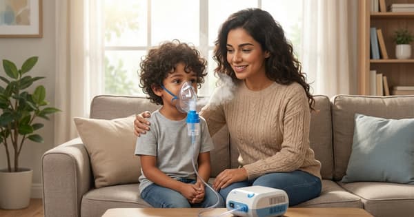 Niño recibiendo tratamiento con nebulizador en casa acompañado de su madre