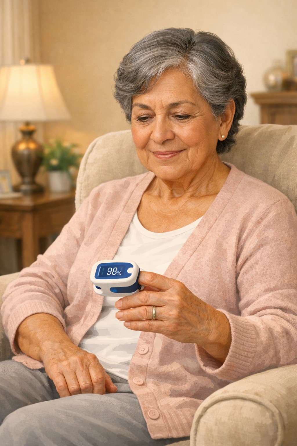 Mujer mayor usando oxímetro de pulso en el dedo para medir saturación de oxígeno en casa