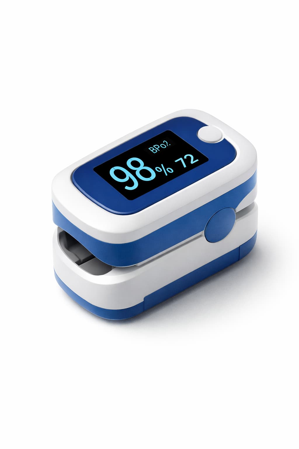 Oxímetro de pulso digital de dedo con pantalla LED mostrando saturación 98% y pulso 72