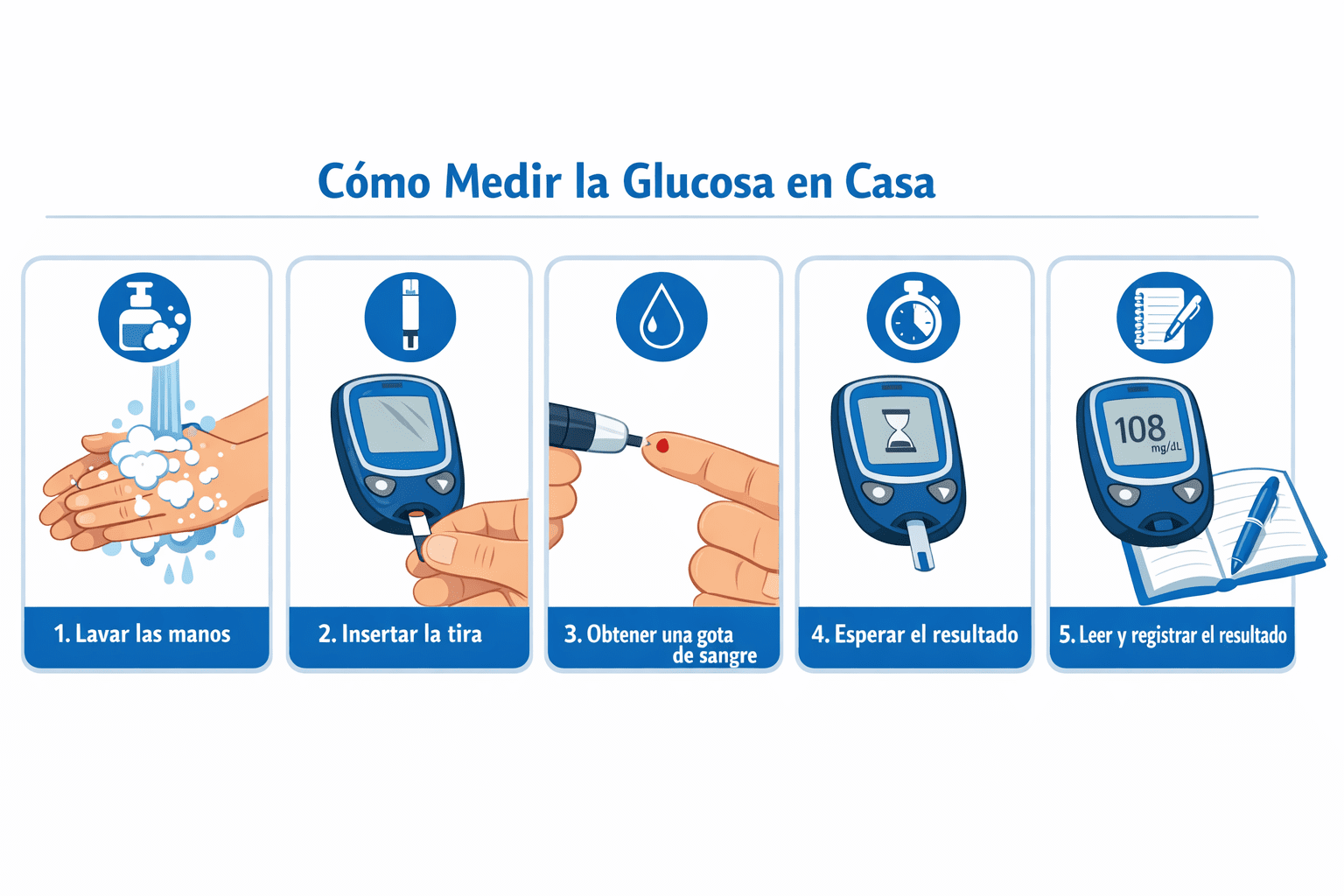 Infografía de 5 pasos para medir glucosa: lavar manos, insertar tira, obtener gota, esperar resultado, anotar lectura