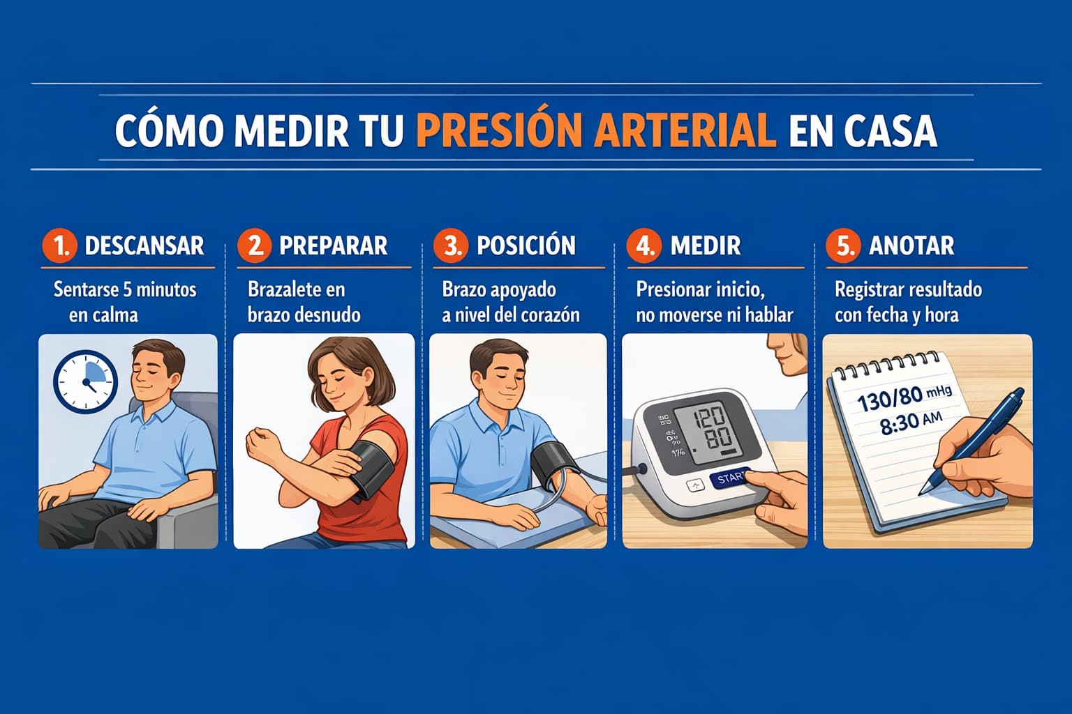 Infografía de 5 pasos para medir presión arterial: descansar, colocar brazalete, posición correcta, medir, anotar resultado