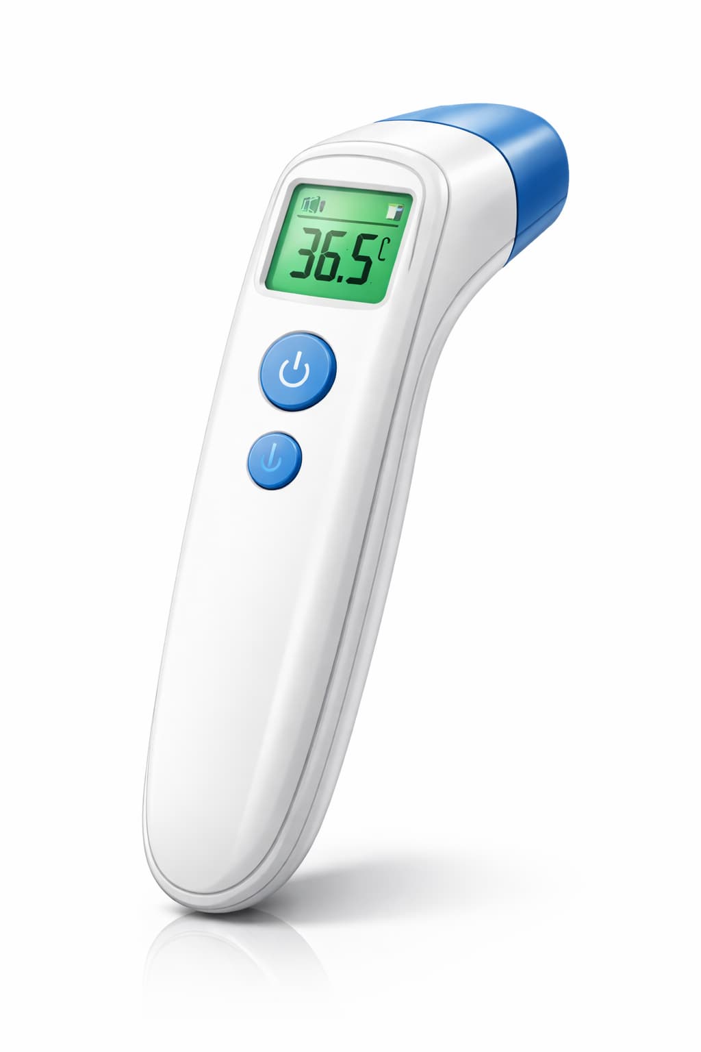 Termómetro digital infrarrojo de frente con pantalla LCD mostrando 36.5 grados Celsius