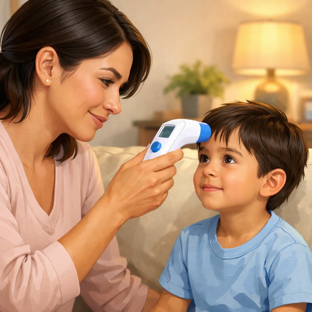 Madre tomando la temperatura a su hijo con termómetro infrarrojo de frente en casa