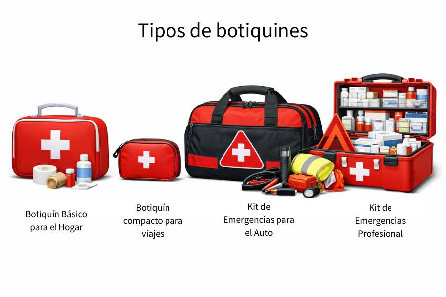 Comparación de cuatro tipos de botiquines: básico hogar, viaje compacto, emergencia auto y profesional completo
