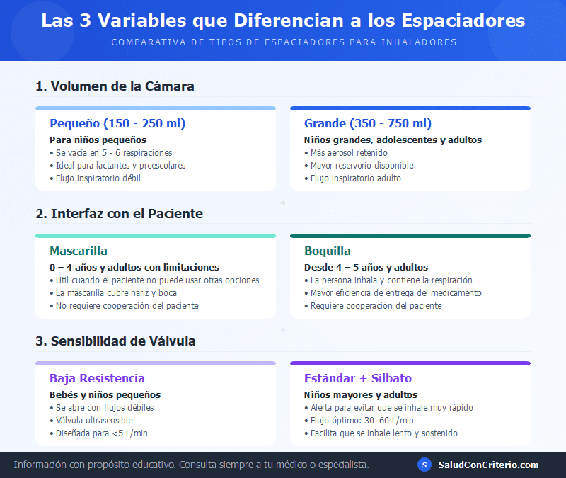 Comparativa de tipos de espaciadores según las tres variables clave: volumen de cámara, tipo de interfaz (mascarilla o boquilla) y sensibilidad de válvula