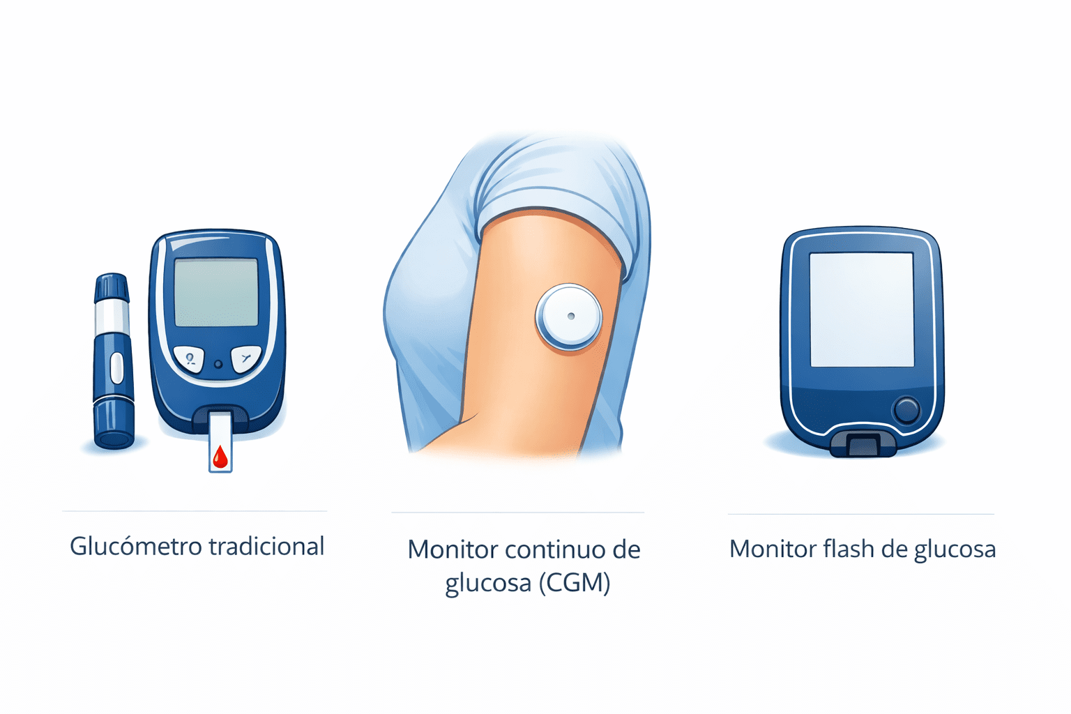 Comparación de tres tipos de glucómetros: tradicional de punción, monitor continuo CGM y monitor flash