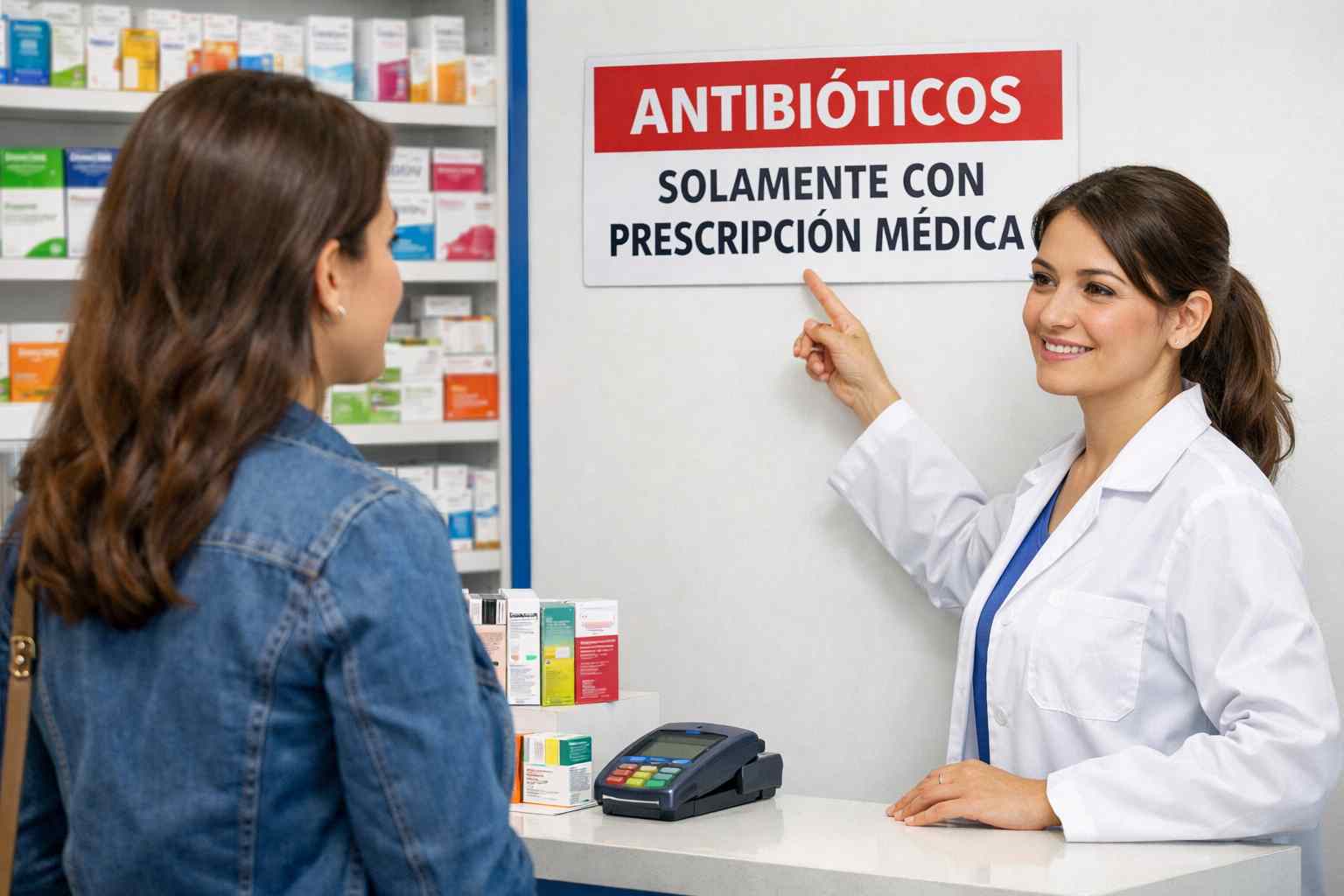 Farmacéutica señala letrero de antibióticos solo con prescripción médica a una madre en farmacia, cuidado responsable del niño enfermo en casa