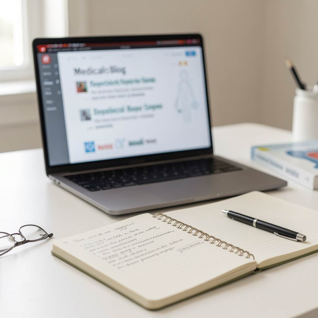 Pantalla de laptop con artículo médico en desarrollo sobre salud del niño en un entorno de trabajo profesional y ordenado