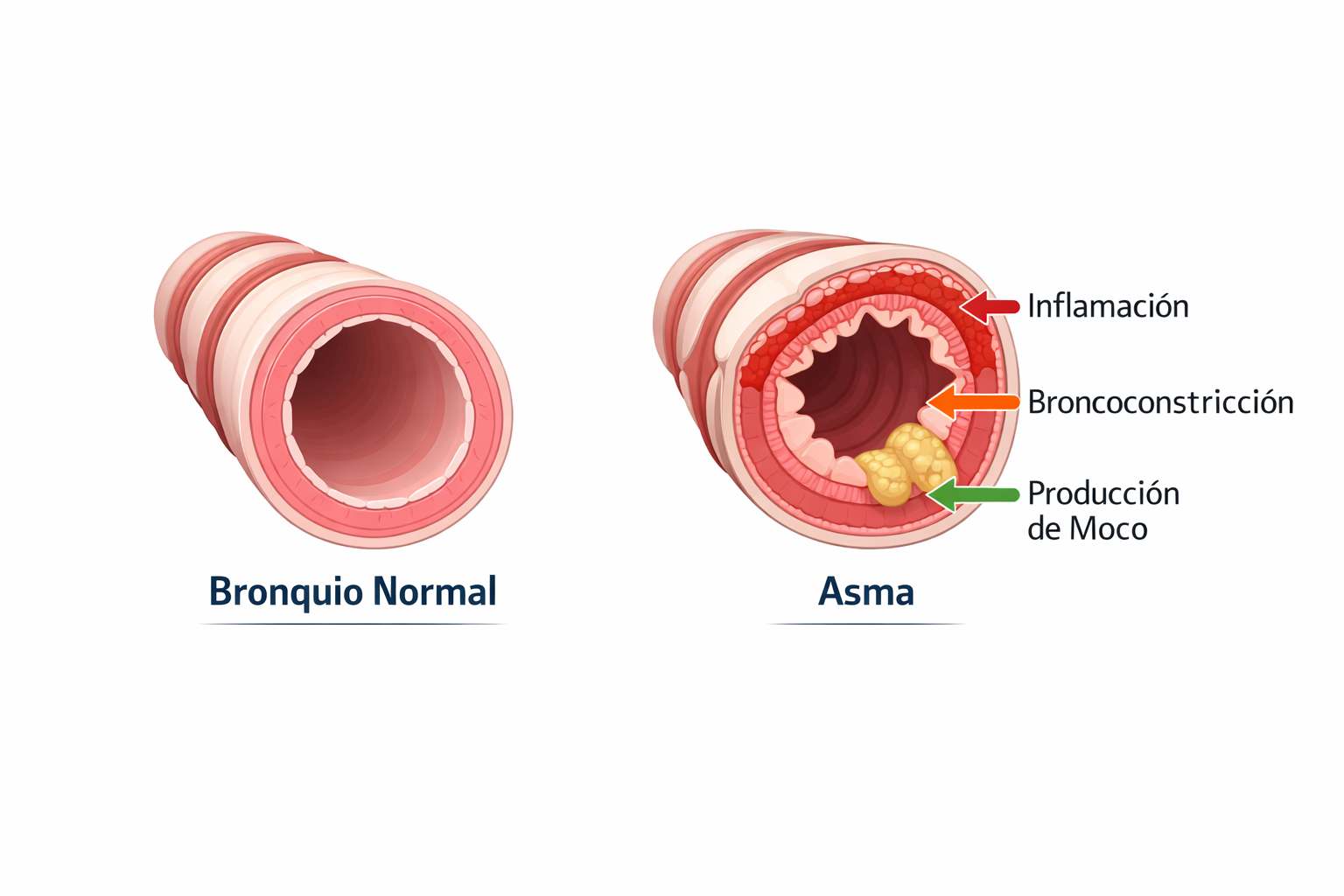 Diagrama médico que muestra la diferencia entre un bronquio normal y un bronquio con asma en niños, destacando inflamación, broncoconstricción y producción de moco.
