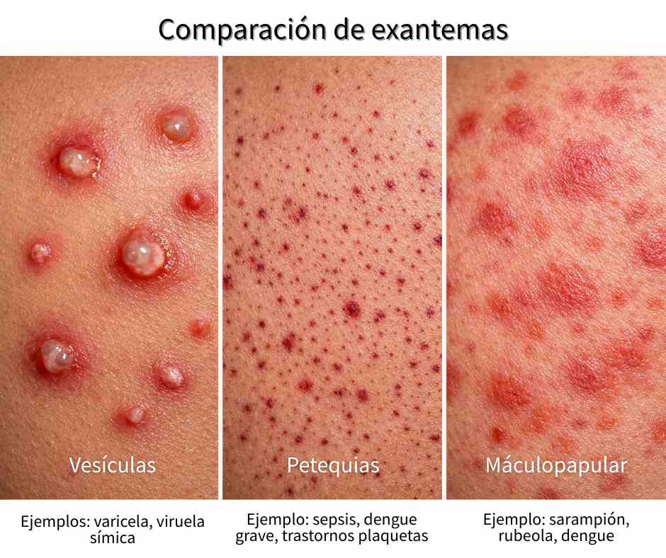 Comparación de exantemas en enfermedades infecciosas: vesículas de varicela, petequias por dengue y exantema maculopapular del sarampión.