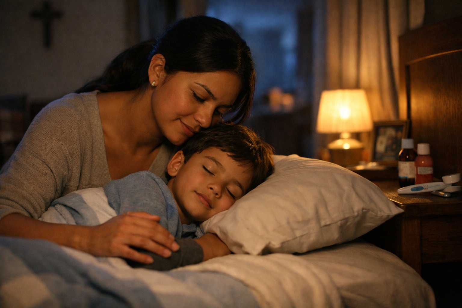 Cuidar un niño enfermo en casa durante la noche, madre latinoamericana acompañando a su hijo mientras duerme en un ambiente seguro y tranquilo