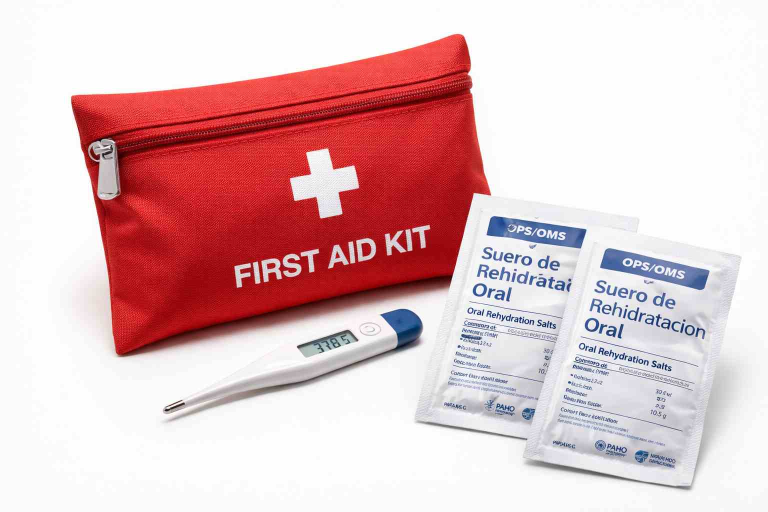 Botiquín con suero de rehidratación oral y termómetro para el manejo de la diarrea en niños en casa