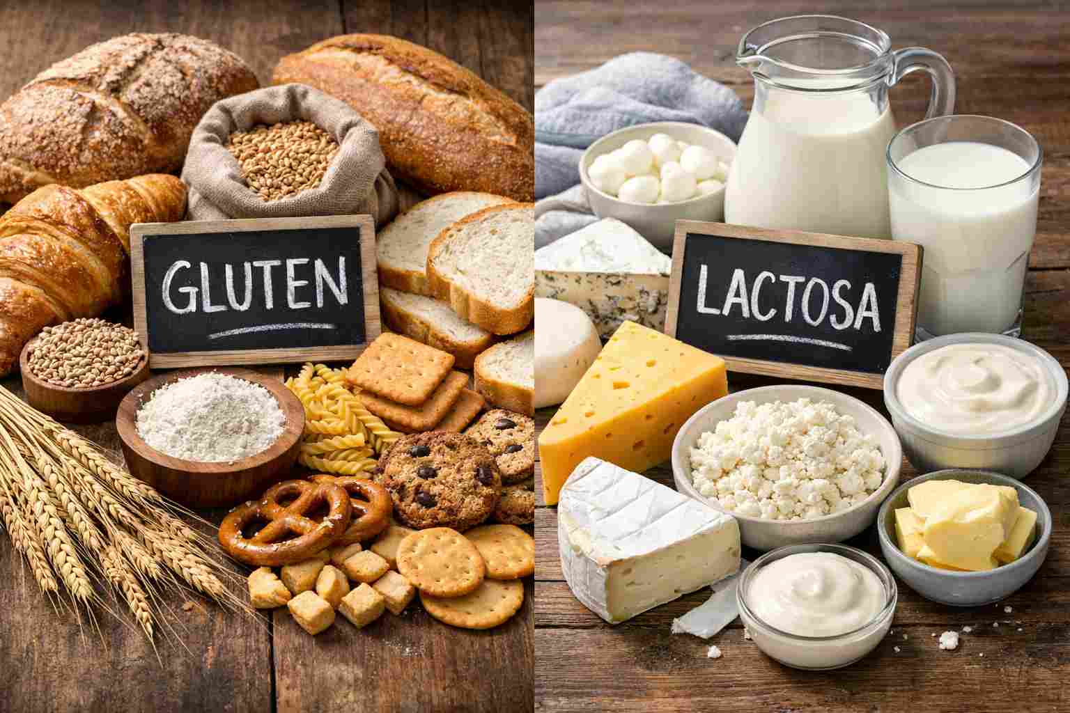 Alimentos con gluten y lactosa como pan, pasta, leche y queso que pueden causar diarrea en niños por intolerancia o alergia alimentaria