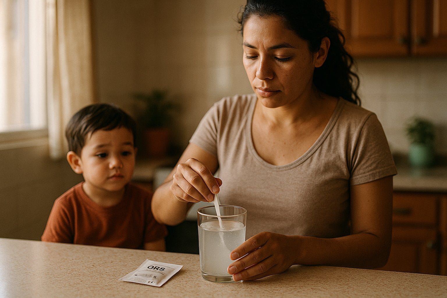 Madre preparando sales de rehidratación oral para niño con diarrea — guía diarrea en niños