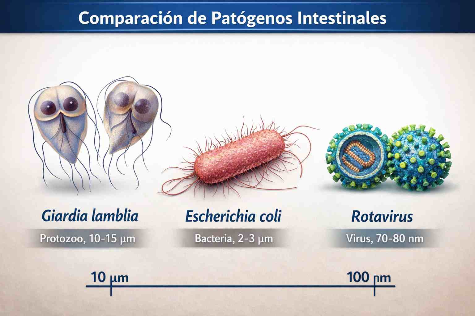 Comparación visual de Giardia, Escherichia coli y rotavirus mostrando diferencias de tamaño y forma en causas de diarrea en niños