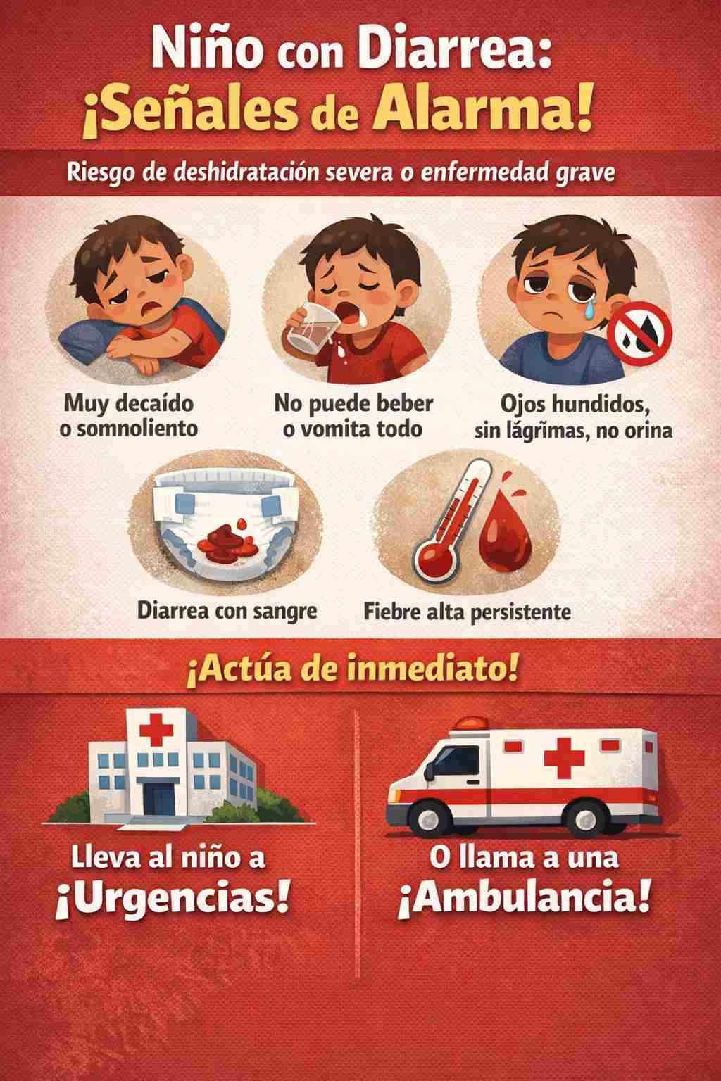 Señales de alarma en diarrea en niños como decaimiento, vómitos persistentes, ojos hundidos, ausencia de orina, sangre en heces y fiebre alta