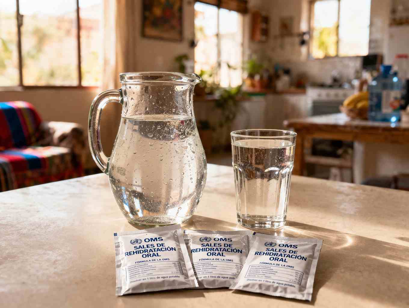 Jarra y vaso de agua con sobres de sales de rehidratación oral en casa, representando la hidratación como pilar fundamental al cuidar un niño enfermo en el hogar