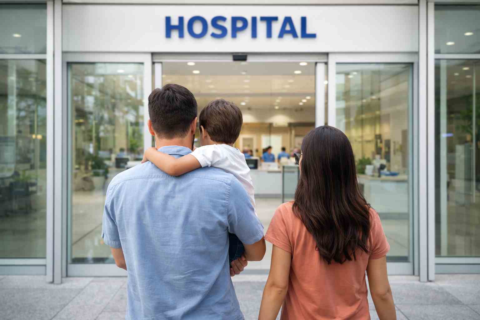 Padre cargando a su hijo mientras entra con la madre a la puerta de un hospital para atención médica pediátrica.