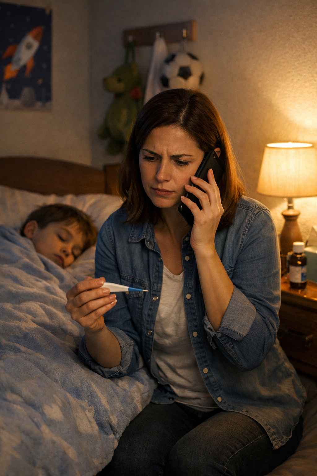 Madre preocupada hablando por teléfono mientras revisa el termómetro de su hijo enfermo dormido en casa