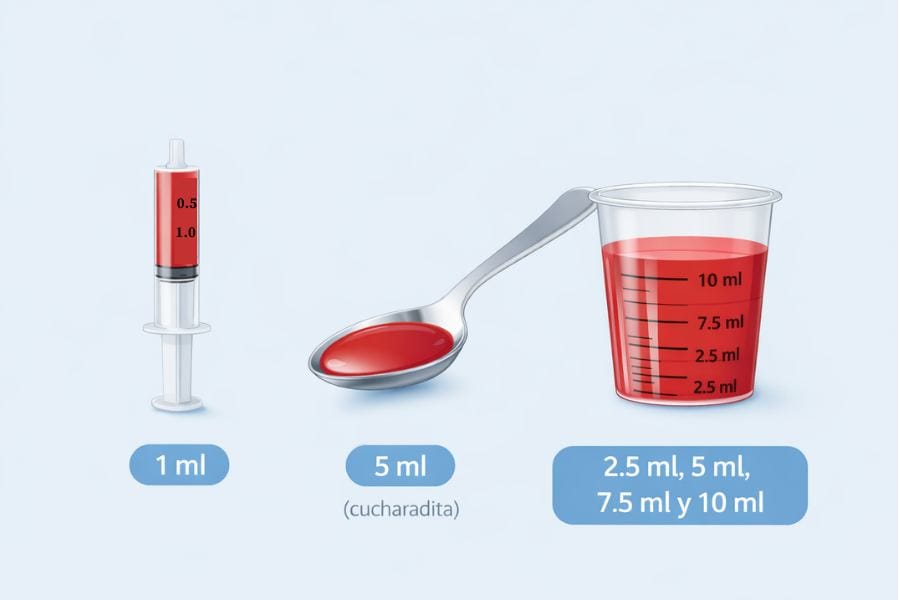 Comparación de medidas de jarabe pediátrico: gotero con 0.5 y 1 ml, cucharadita de 5 ml y vasito dosificador con 2.5, 5, 7.5 y 10 ml.