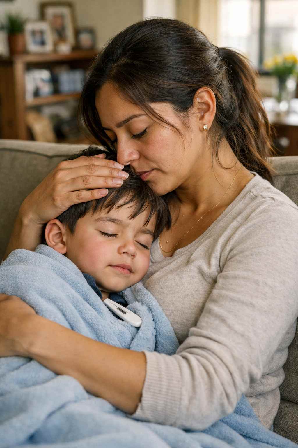Fiebre en niños: Madre cuidando a su hijo pequeño con fiebre en casa.