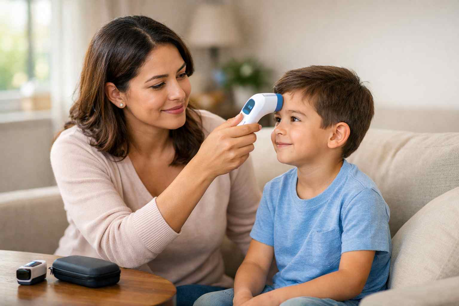 Salud del niño y monitoreo con equipos médicos para el hogar Madre midiendo la temperatura de su hijo con un termómetro infrarrojo en casa como parte del cuidado de la salud del niño utilizando equipos médicos para el hogar