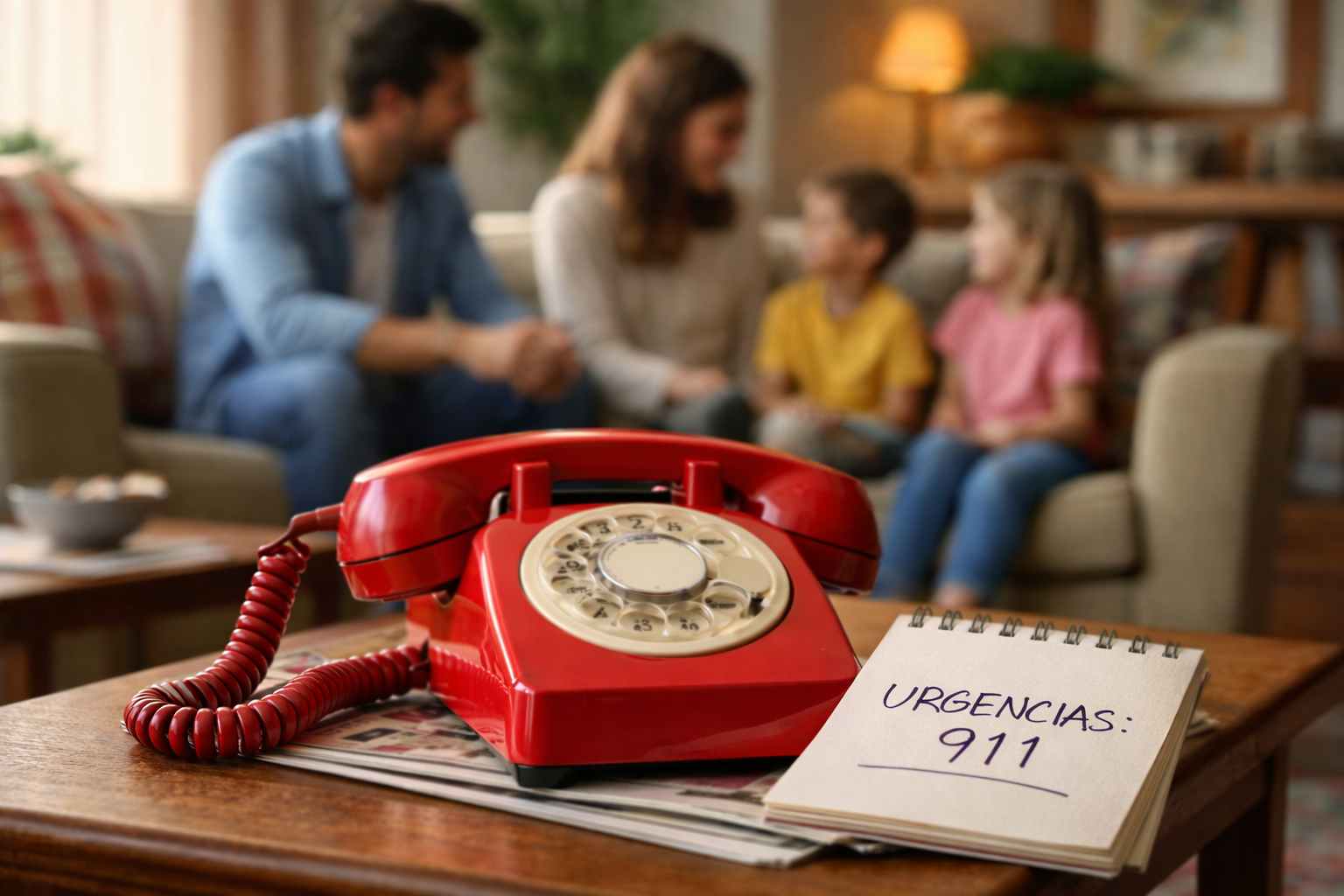 Teléfono rojo de urgencias sobre una mesa con una libreta que dice 'URGENCIAS 911', mientras una familia conversa al fondo, representando la preparación para emergencias al cuidar un niño enfermo en casa.