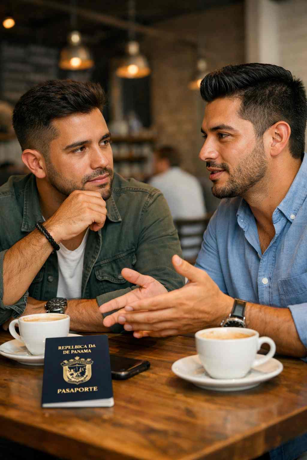 Dos amigos que van al mundial de futbol conversando sobre la importancia de la vacuna del sarampión.