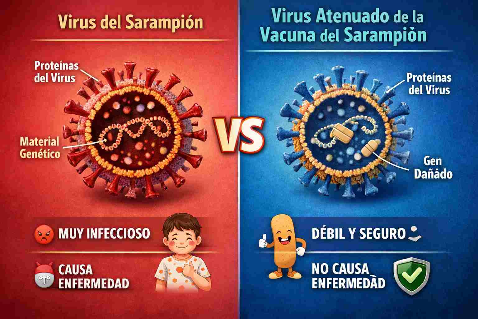 Comparación entre el virus del sarampión y el virus atenuado utilizado en la vacuna contra el sarampión